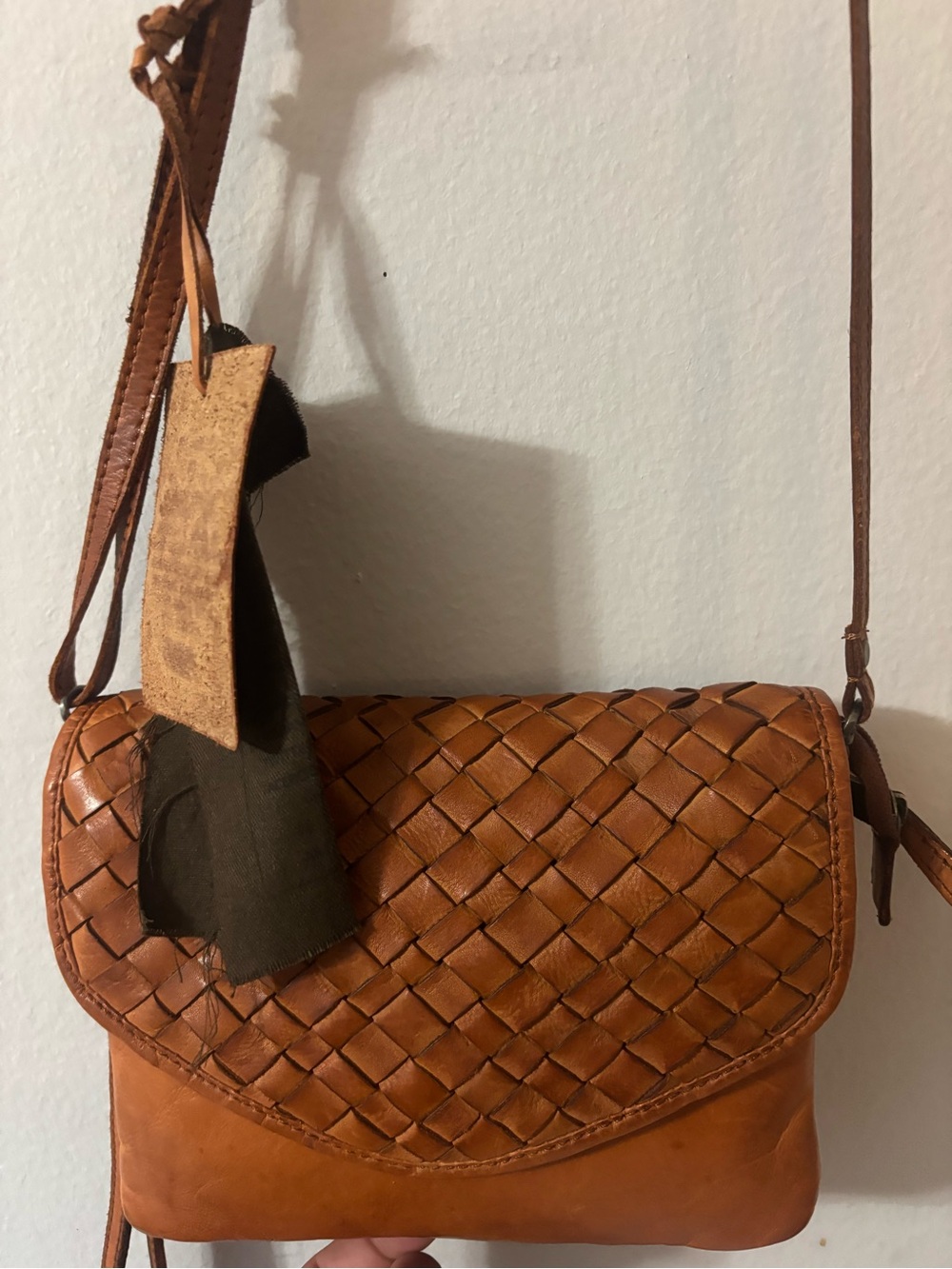 Handwoven Leather Crossbody Bag in Cognac